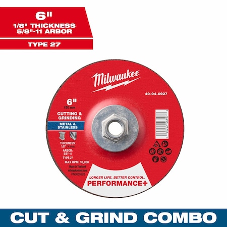 Milwaukee Tool Cut-Off & Grinding Wheel, 7/8" Sz, 6" dia. 49-94-0927