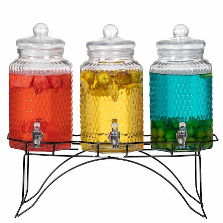 Basicwise 3-Piece Glass Drink Dispenser Set with Metal Stand and Stainless Steel Spigot - Beverage QI004714