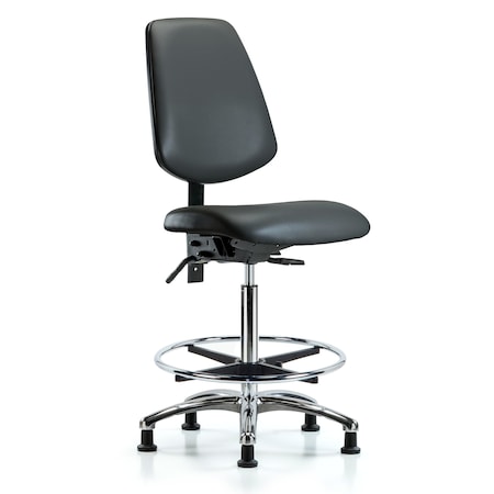 Blue Ridge Ergonomics Vinyl Chair Chrome, High Bench, Med Back, Foot Ring, Glides, Carbon BR-VHBCH-MB-CR-T0-A0-CF-RG-8823
