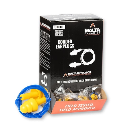 Malta Dynamics Corded TPE Ear Plugs 100 Pcs-22dB NRR Noise Cancelling Ear Plugs EP0002
