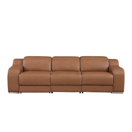 Homeroots 103" Chestnut Italian Leather Reclining USB Sofa 632887