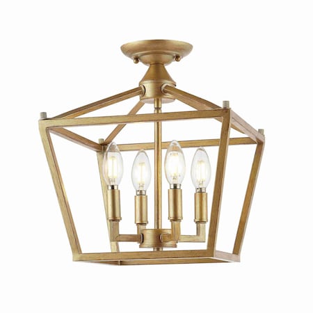 Jonathan Y Plains 12" 4-Light Modern Farmhouse Metal Open-Frame Pagoda LED Semi Flush Mount Mini Lantern, Brass JYL7610B