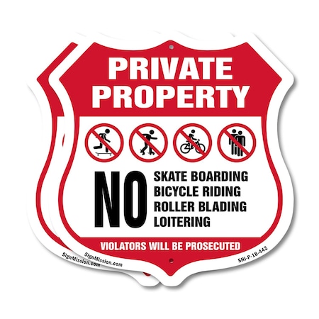 Signmission Private Property Shield Sign No Skateboa, 18 inch X 18 inch, Plastic Sign, 2PK SHI-P-2PACK-18-442
