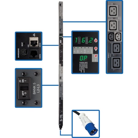 Tripp Lite PDU, Switched, (6) C13, (12) C19, IEC-60309 60A BLUE (3P+E), 6 ft. PDU3VSR6G60A
