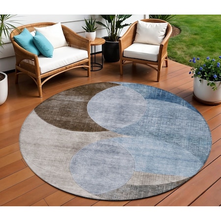 Homeroots 8' Denim Blue Brown And Beige Round Geometric Washable Indoor Outdoor Area Rug 604907