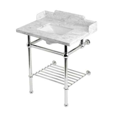 Kingston Brass 30-Inch Carrara Marble Console Sink with Brass Legs and Shelf, 8-Inch, 3-Hole LMS30MBSQB6