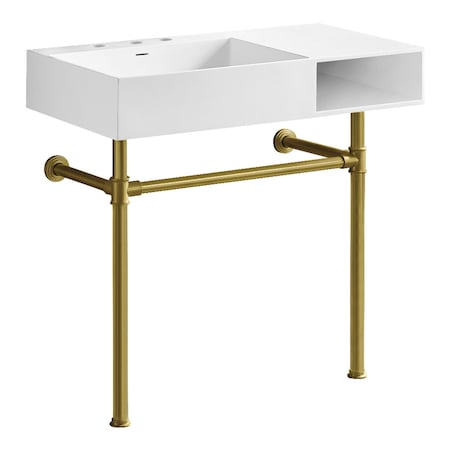 Kingston Brass 36" Solid Surface Console Sink with Stainless Steel Legs, 8-Inch, 3-Hole, Matte White/Brushed Brass KVPB3368SQA87
