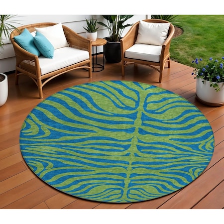 Homeroots 8' Green And Teal Blue Round Animal Print Washable Indoor Outdoor Area Rug 600674