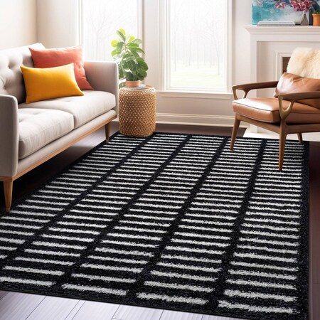 World Rug Gallery Bohemian Stripe Lines Shag Area Rug 5 ft x 7 ft Anthracite WR128ANTHRACITE5X7