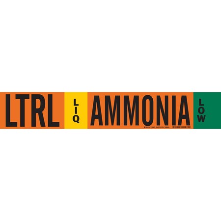 Brady LTRL LIQ AMMONIA LOW Pipe Marker, 4in H x 24in W, Fits Pipes 8in Dia. or Larger 145887