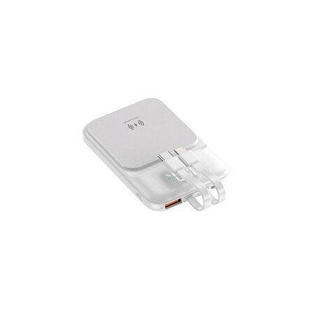 Cable Wholesale Magnetic Power Bank Wireless Charger With Built-in USB C and Lightning Cable, 10000 mAh, White 90W1-701WH