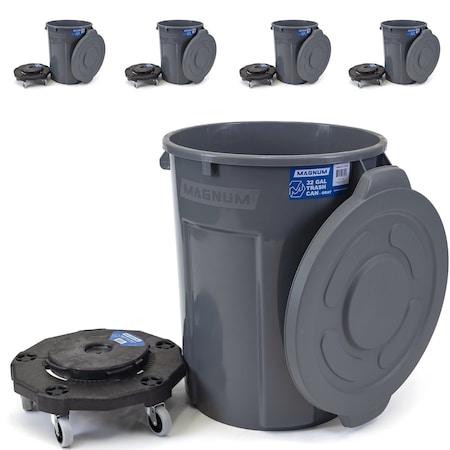 Magnum Tool Gray 32 Gallon Trash Can Set (Trash Can, Quiet Dolly, and Reinforced Lid) (5 Set) CMTC-CLD0-32G05