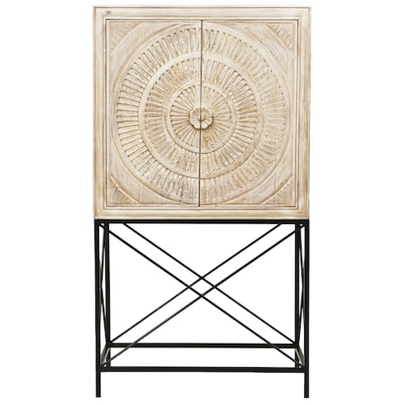 Homeroots 33in Distressed White Solid Wood Two Door Floral Carved Wine Cabinet 489015