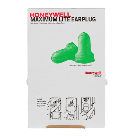 Howard Leight MAXIMUM LITE Ear Plugs Dispenser Refill, Uncorded, Contoured-T Shape, NRR 30 dB, Green, M, 500PK LPF-1-D