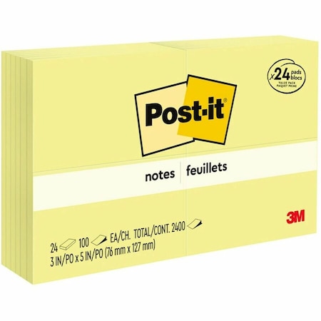 Post-It Sticky Notes, 3x5 In., Yellow, PK24 655-24VAD