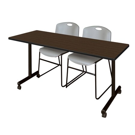 Regency Kobe Mobile T-Base Training Table W/ 2 Zeng Stack Chairs, 72 in W, 24 in L, Neo Walnut MKTRCC7224NW44GY