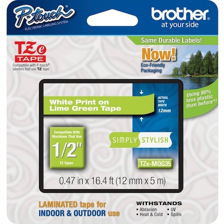Brother Label, White/Lime Green, .47" x 16.4 ft. TZEMQG35G
