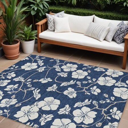 Homeroots 9' X 12' Navy Blue And Ivory Floral Washable Indoor Outdoor Area Rug 599902