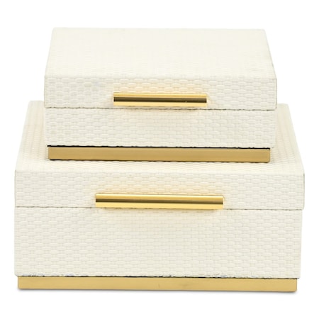 Homeroots Set of Two White And Gold Square Nesting Decorative Storage Boxes With Lids, 2PK 712923