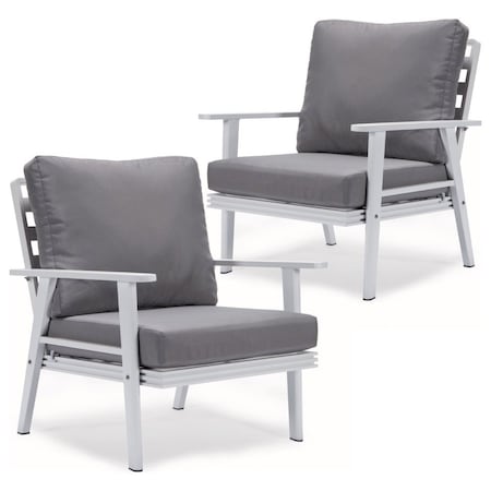 Leisuremod Walbrooke Outdoor Patio White Aluminum Armchairs With Cushions, Grey, 2PK WW-31-27GR2