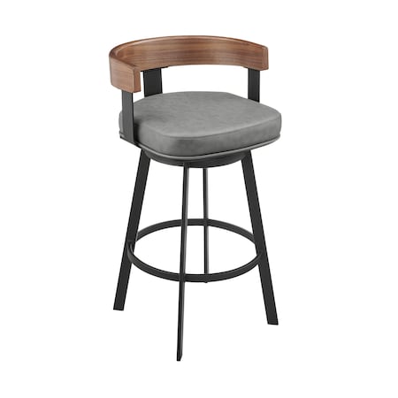 Armen Living Idris 30in Swivel Bar Stool in Black Iron with Walnut Finish and Vintage Gray Faux Leather LCIDBAGRYWA30