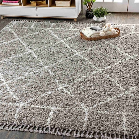 Jonathan Y Mercer Shag Plush Tassel Moroccan Geometric Trellis Gray/Ivory 3 ft. x 5 ft. Area Rug MCR101C-3