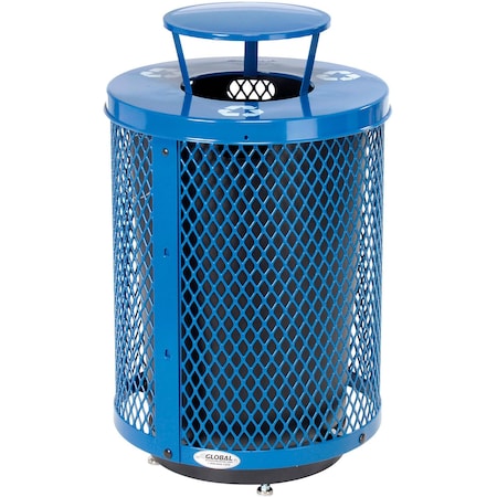 Global Industrial Outdoor Diamond Steel Recycling Trash Can, Base and Rain Lid, 36 Gallon, Blue B3178674