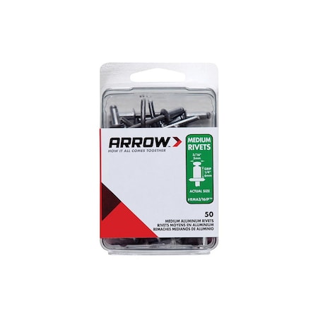 Arrow Pop Rivet, Medium, 1/4 in L, Aluminum Silver, 15PK RMA3/16