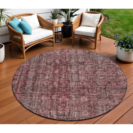 Homeroots 8' Pink And Brick Red Round Damask Washable Indoor Outdoor Area Rug 605099