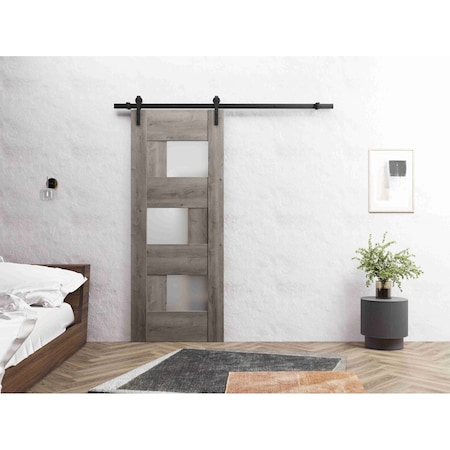 Vdomdoors Sturdy Barn Door 30 x 96in, Nebraska Grey W/ Frosted Glass, 6.6FT Rail Hangers Heavy Hardware Set SETE6933BD-B-NEB-3096