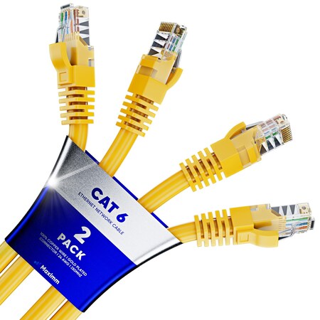 Maximm 20ft Cat6 Round LAN Patch Cable, 2PK, Yellow, 2PK CAT620FT2PKYellow