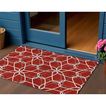 Homeroots 3' X 5' Red And Ivory Geometric Washable Indoor Outdoor Area Rug 613043