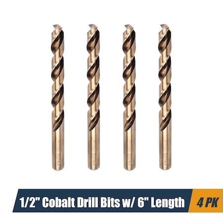 Powertec 1/2" Cobalt Drill Bits 6" Length, M35 HSS Jobber Length Twist Bits with 135 Deg Tip, 4PK QDB2012-P2