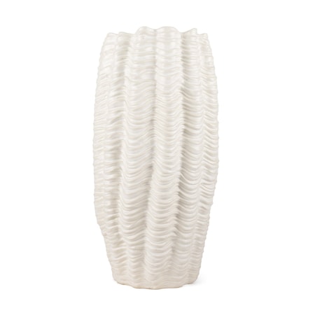 Homeroots 24" Cream Cylinder Ceramic Sculptural Waves Table Vase 608346