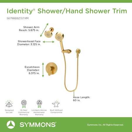 Symmons Identity HydroMersion Single Handle Shower Faucet Trim Kit  with Hand Spray (Valve not Included) S6798BBZ15TRM