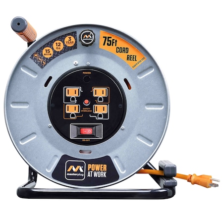 Masterplug 75Ft 4 Sockets 15A 12Awg Large Open Reel with USB Charging OLP751512G4SLU-US