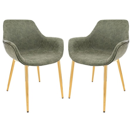 Leisuremod Markley Modern Leather Dining Arm Chair with Gold Metal Legs, Olive Green, 2PK ECG26G2