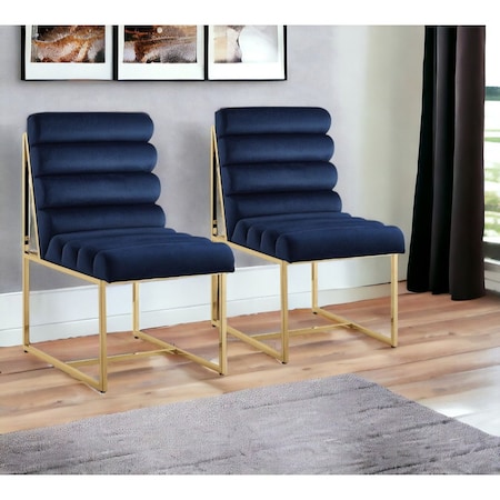 Homeroots Set of Two Tufted Navy Blue And Gold Upholstered Velvet Dining Side Chairs 545050