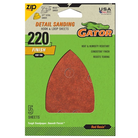 Gator Finishing Red Resin Detail Sanding Hook and Loop Sheets, 220 Grit, 5PK 3730