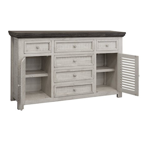 Homeroots 70" Antiqued White Solid and Manufactured Wood Distressed Buffet Table 527102