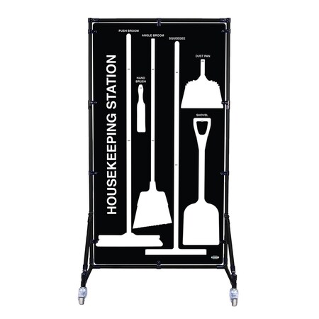 5S Supplies Housekeeping Shadow Board Broom Station V8, Black / White, Kit + Stand HSB-V8-BLACK/WHITE-KIT-STAND