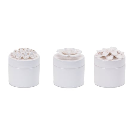 Homeroots Set of Three White Ceramic Flowers Decorative Keepsake Boxes, 3PK 634504