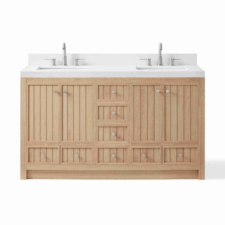 Homeroots 60" Natural Wood Double Bathroom Vanity With White And Gray Quartz Countertop 714297