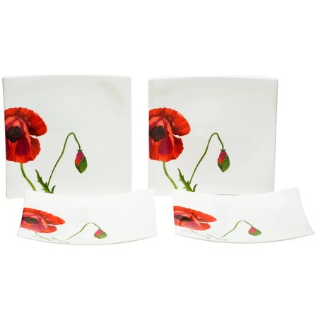 Homeroots Red and White Six Piece Square Floral Bone China Service For Six Salad Plate Set 483516