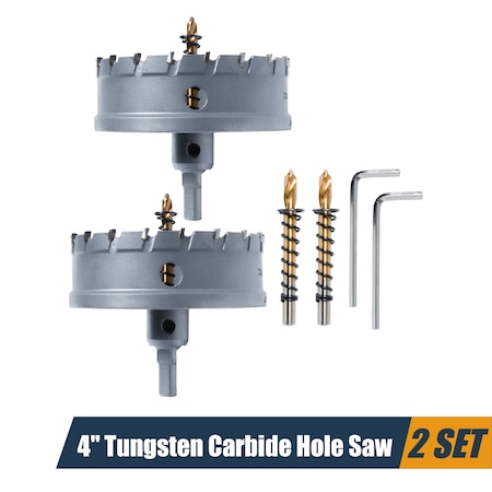 Powertec 4in Tungsten Carbide Hole Saw for Soft & Hard Metal w/ Titanium-Plated Pilot Drill Bit, 2PK 14907-P2