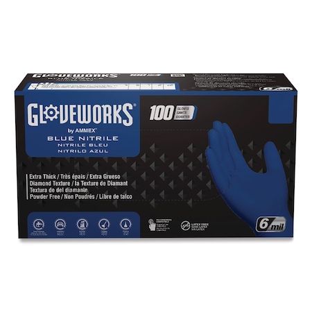 Gloveworks By Ammex Heavy-Duty Industrial Nitrile Gloves, Powder-Free, Large, 6 mil Thick, 9.5" Long, Royal Blue, 1000PK GWRBN46100