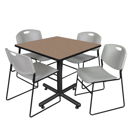 Regency Square Kobe Breakroom Table W/ 4 Zeng Stack Chairs, 42 in W, 42 in L, Noble Oak TKB4242NO44GY