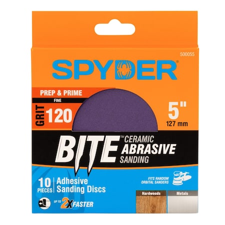 Spyder 5-Inch x No Hole 120 Grit Ceramic Pressure Sensitive Adhesive with Stearate Sanding Discs, 10PK 500055