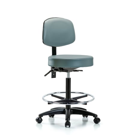 Blue Ridge Ergonomics Vinyl Stool, Back, High Bench, Foot Ring, Casters, Storm BR-VHBST-RG-T0-CF-RC-8822