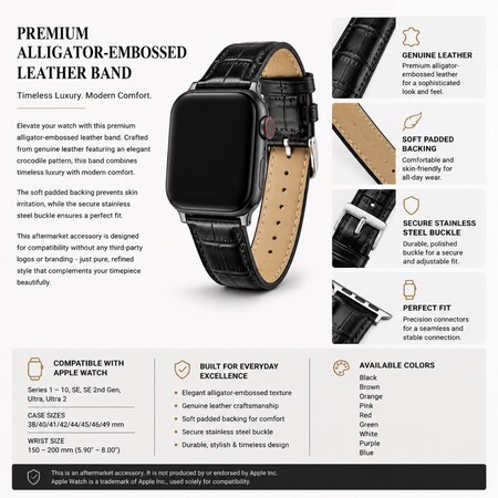 Elegani Alligator-Embossed Leather Watch Replacement Band Compatible with Apple Watch 42mm, Purple LAT-PPL-42mm